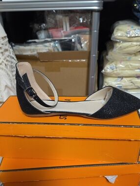 Nwt Womens Black Sparkle Ankle-Strap Pointed Flats